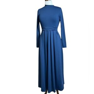 HALARA High-Neck Long Sleeve Maxi Dress in Deep Blue